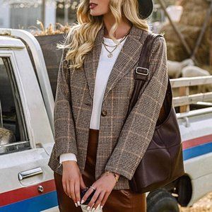 Classy plaid button down Overcoat Jacket Shacket Coat brown